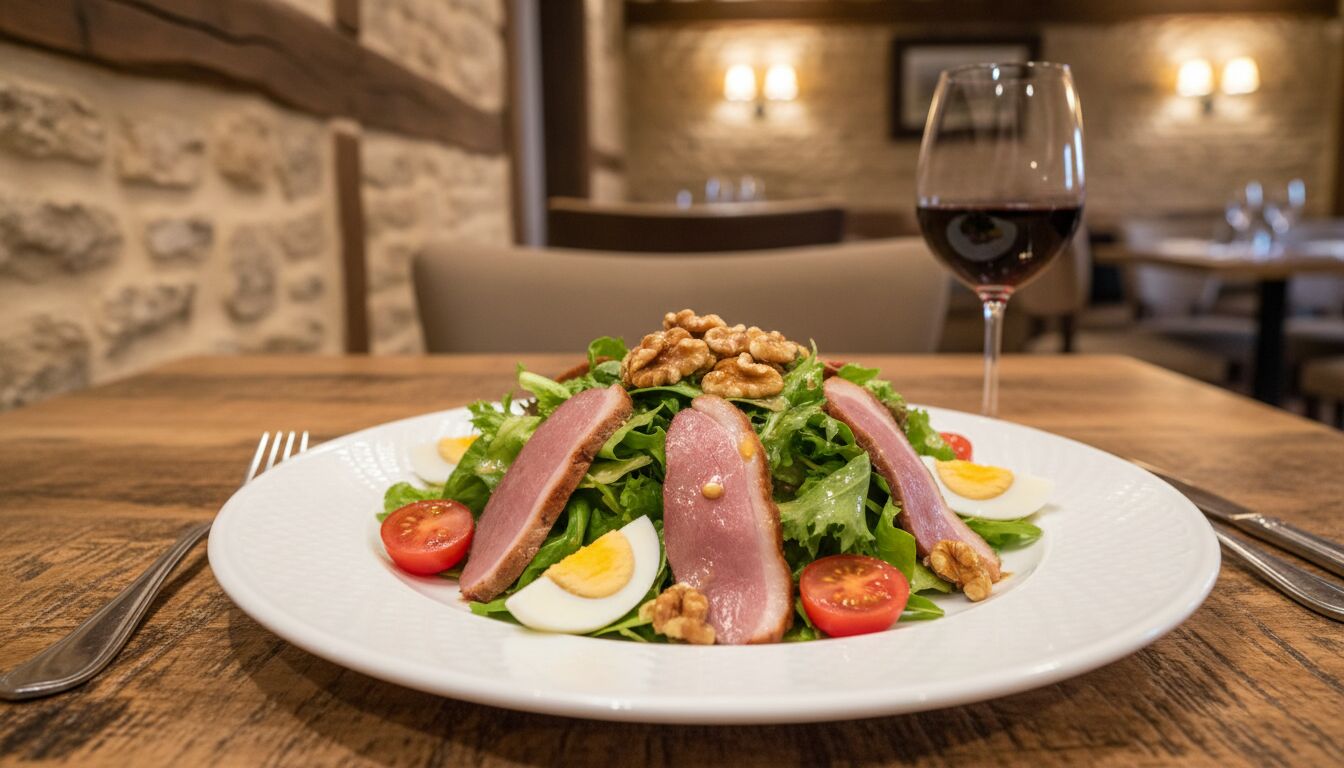 Découvrez la salade périgourdine, un plat traditionnel riche en saveurs d'exception, servi dans notre restaurant pour une expérience gourmande authentique.