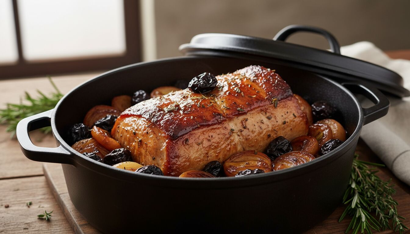 Découvrez une recette savoureuse de rôti de porc aux pruneaux cuisiné en cocotte en fonte, pour un plat tendre et parfumé qui ravira toute la famille.