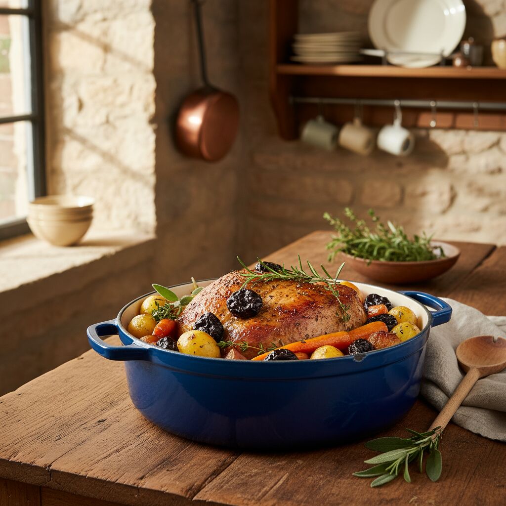 Découvrez une recette savoureuse de rôti de porc aux pruneaux préparée en cocotte en fonte, parfaite pour un repas gourmand et réconfortant.