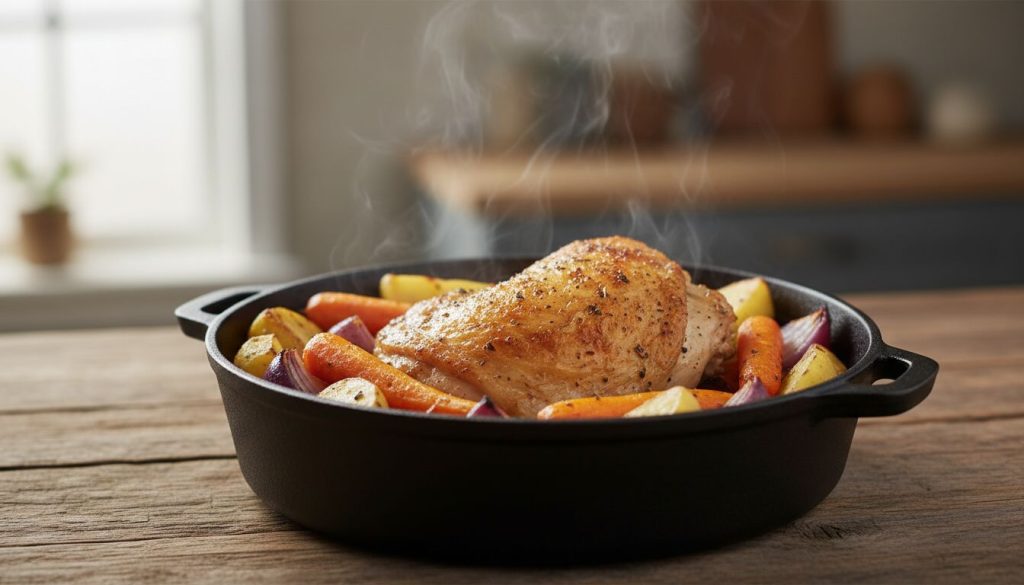 Découvrez une recette simple et savoureuse de cuisse de poulet en cocotte, parfaite pour un repas facile et gourmand.