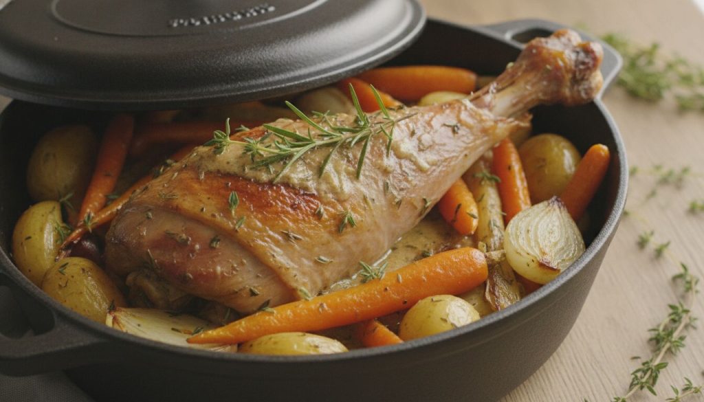 Découvrez une recette gourmande et simple de cuisse de dinde en cocotte, idéale pour un repas savoureux et facile à préparer.